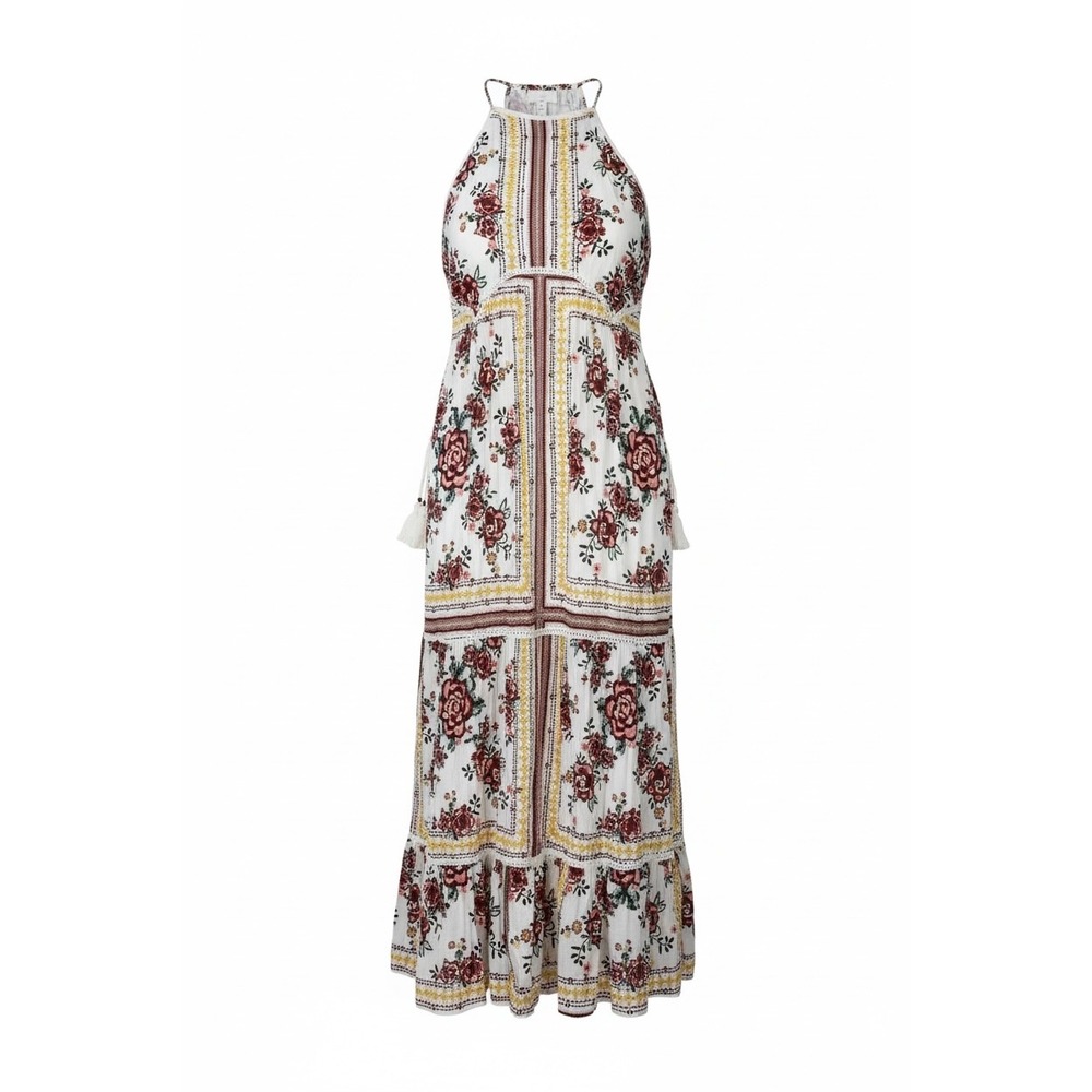 Coco + Jaimeson Floral Halter Maxi Dress Boho Tiered Tassel Lace Up Ivory Large